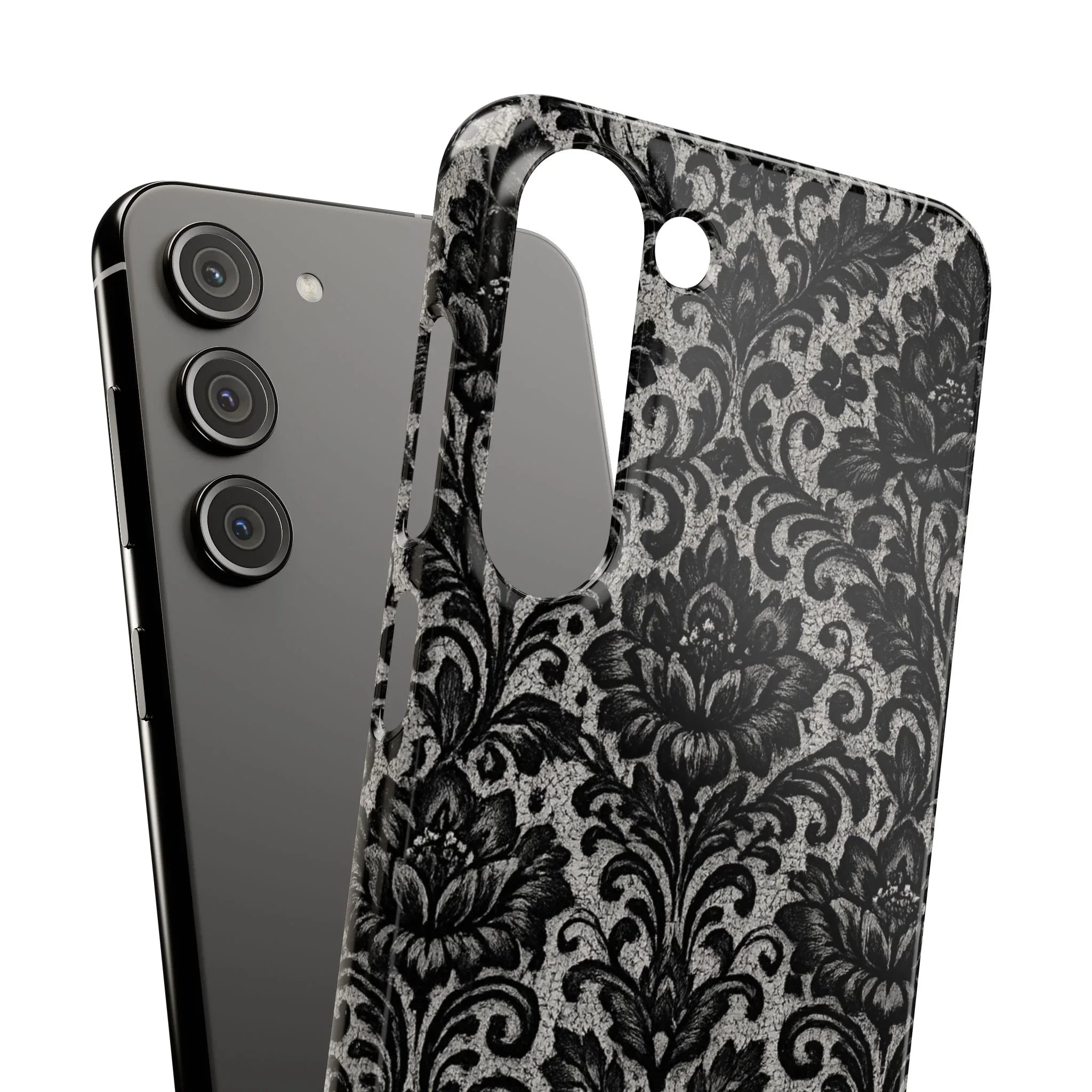 Black Damask Floral Phone Case for iPhone 11-17 and Galaxy S20-S25 - KARARMDESIGN