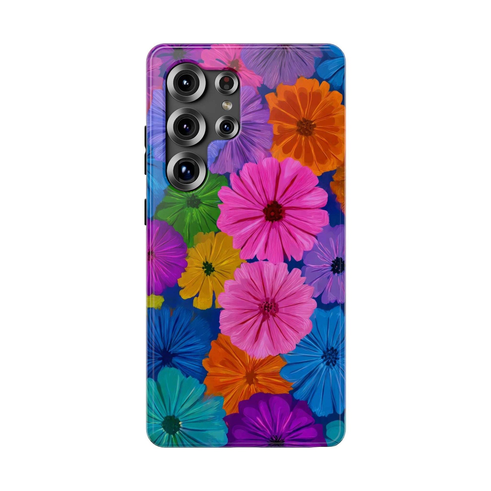 Floral phone case showing side button openings and multiple camera lens cutouts.