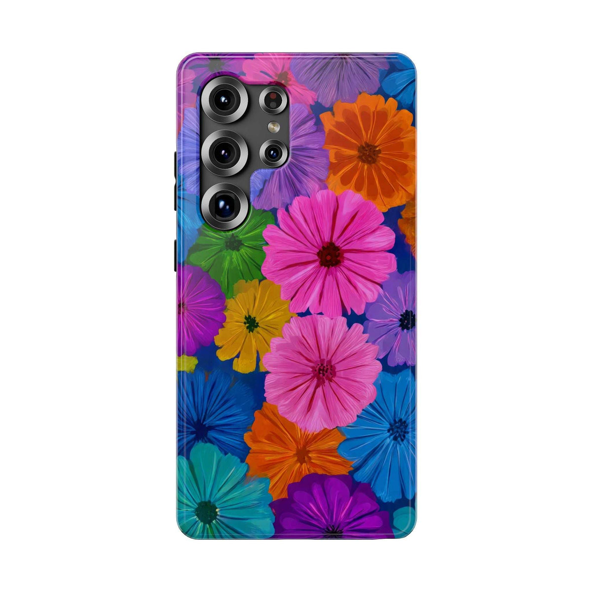 Floral phone case showing side button openings and multiple camera lens cutouts.