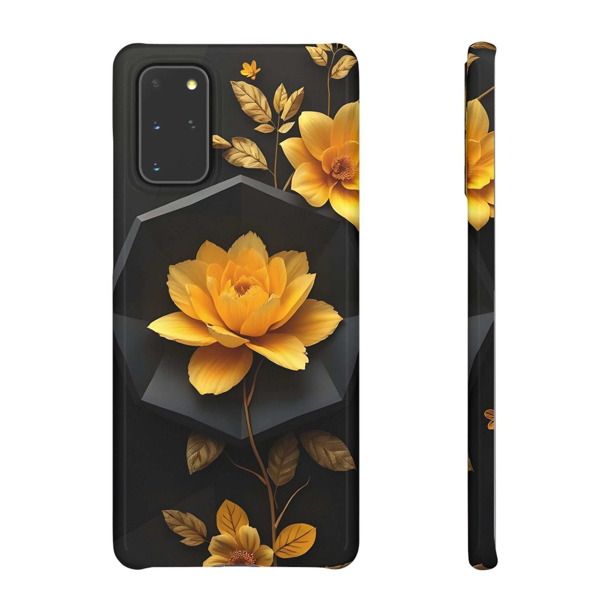 Black phone case with yellow floral rose and leaf pattern, cutout openings for camera