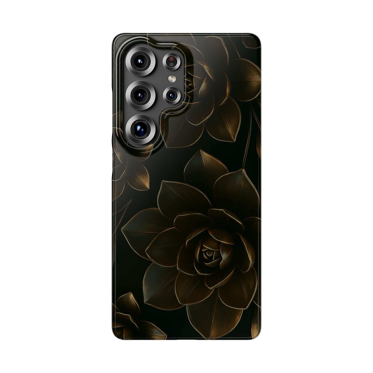 Glossy black phone case with gold rose floral pattern and triple-lens camera opening