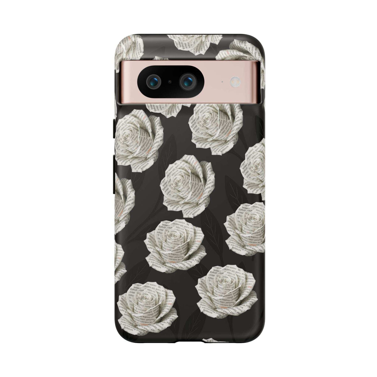 Phone case back featuring black base and white rose pattern, camera bar at top.