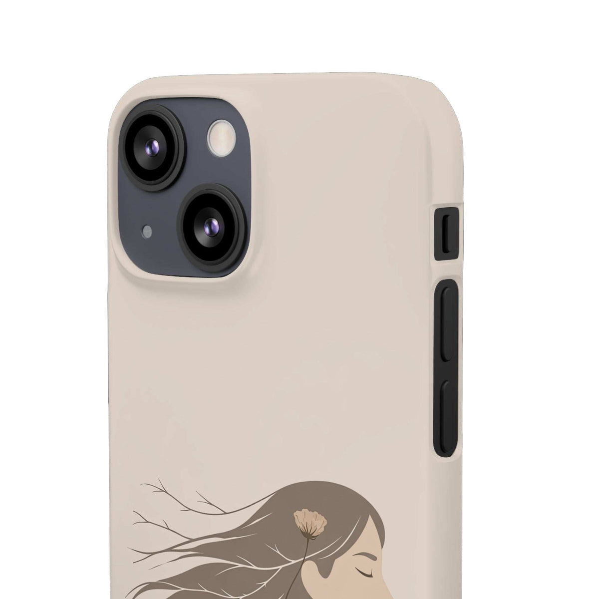 Beige phone case with floral silhouette, camera cutout and vertical side port openings