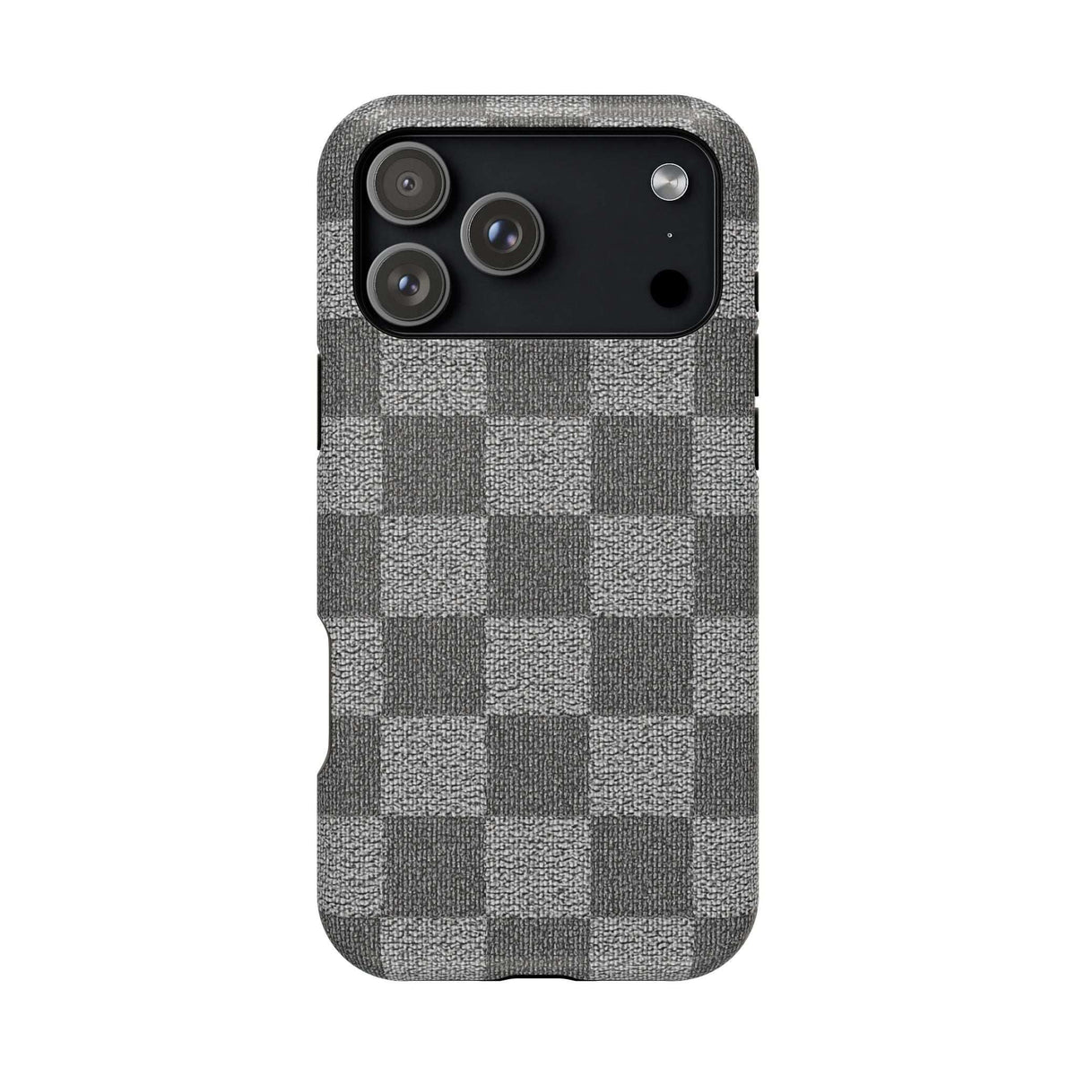 Gray checkered phone case with triple-camera cutout and flash on dark upper panel
