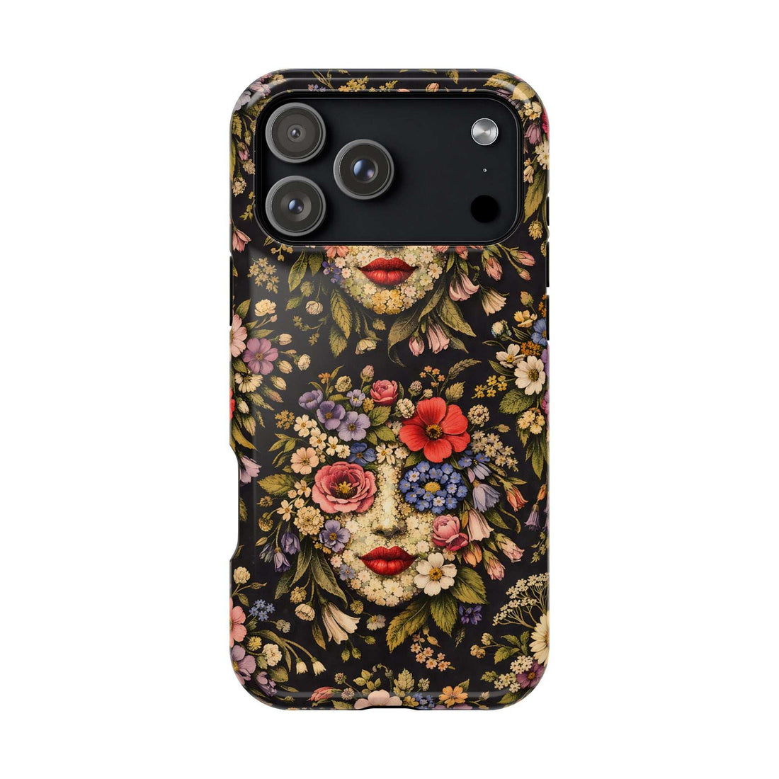 Floral face phone case with dark background and raised camera cutouts