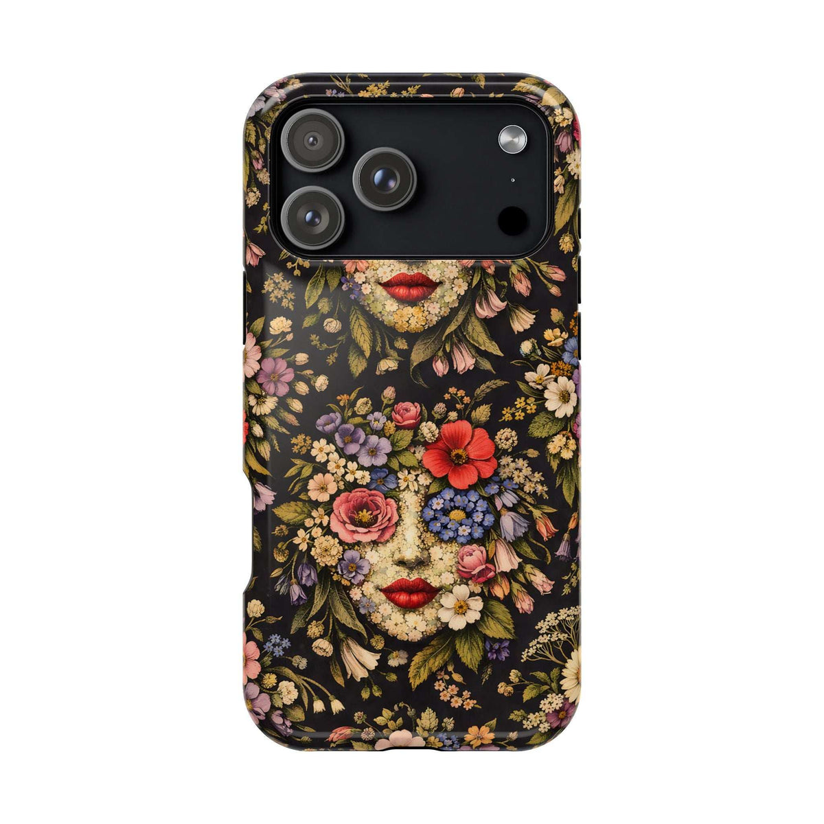 Floral face phone case with dark background and raised camera cutouts