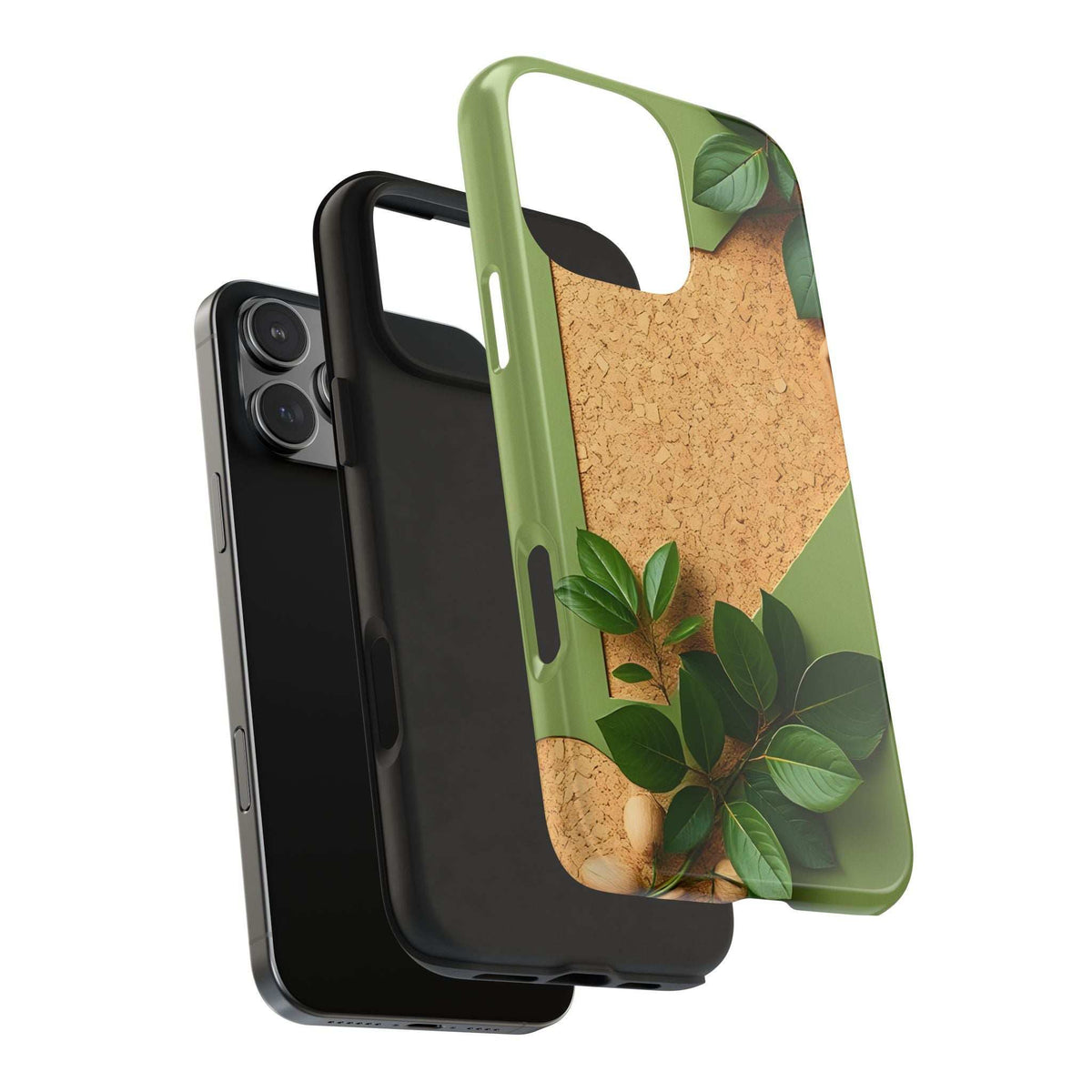 Eco phone case in green with cork-look panel and leaf design, shown with phone behind