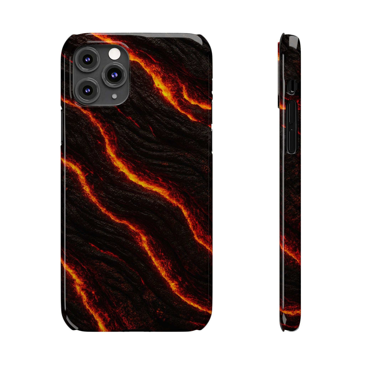Black phone case with orange lava lines; raised edges, side profile view