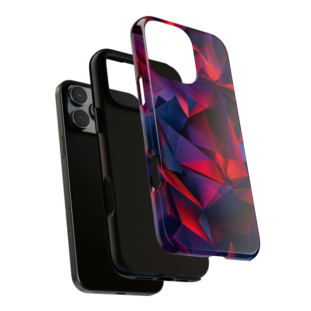 Glossy crystalline prism phone case, faceted red-blue design, protective raised edges