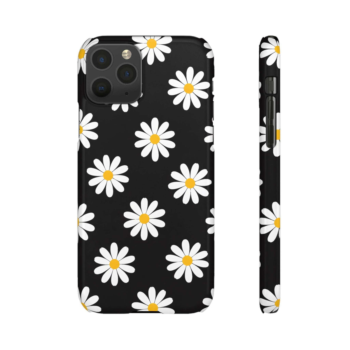 Black phone case with repeating white daisy pattern and yellow centers; side view included.