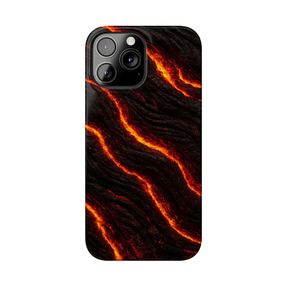 Black lava phone case with orange lava streaks and dual-camera cutout with flash.