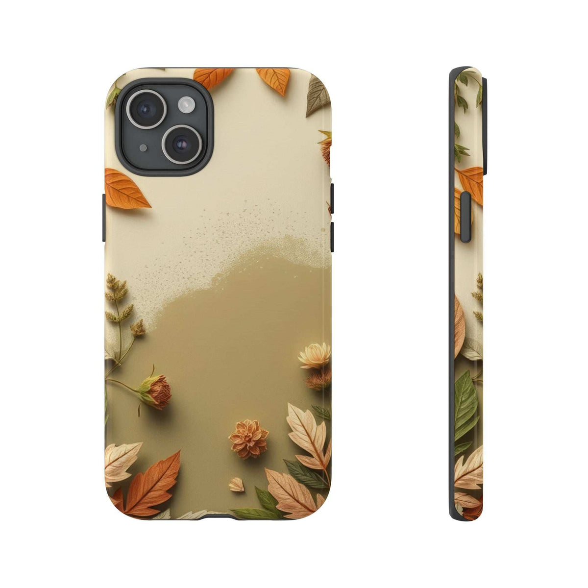 Autumn leaves phone case with beige leaf pattern; black camera cutouts