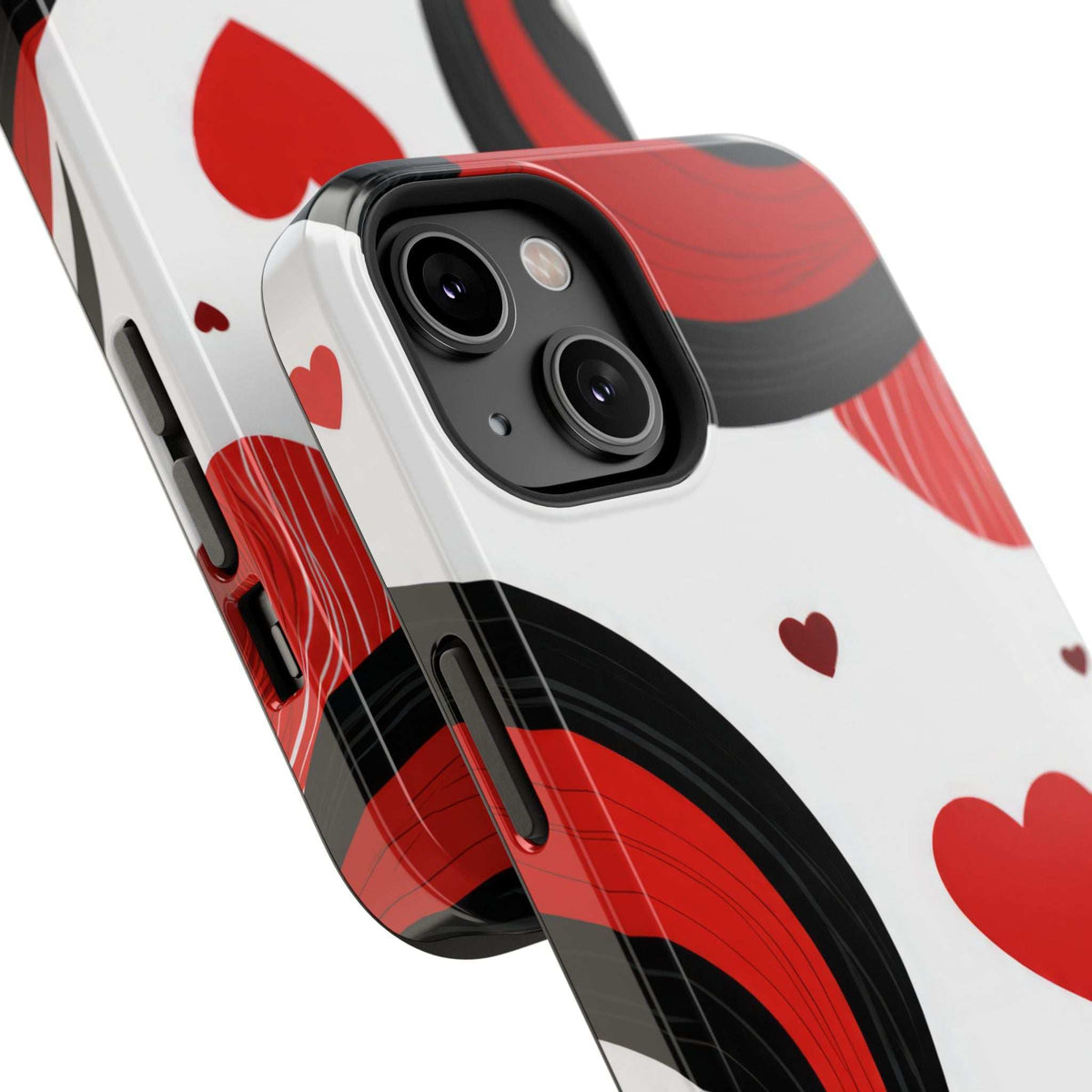 Glossy phone case close-up with red hearts, red/black waves, and camera lens openings