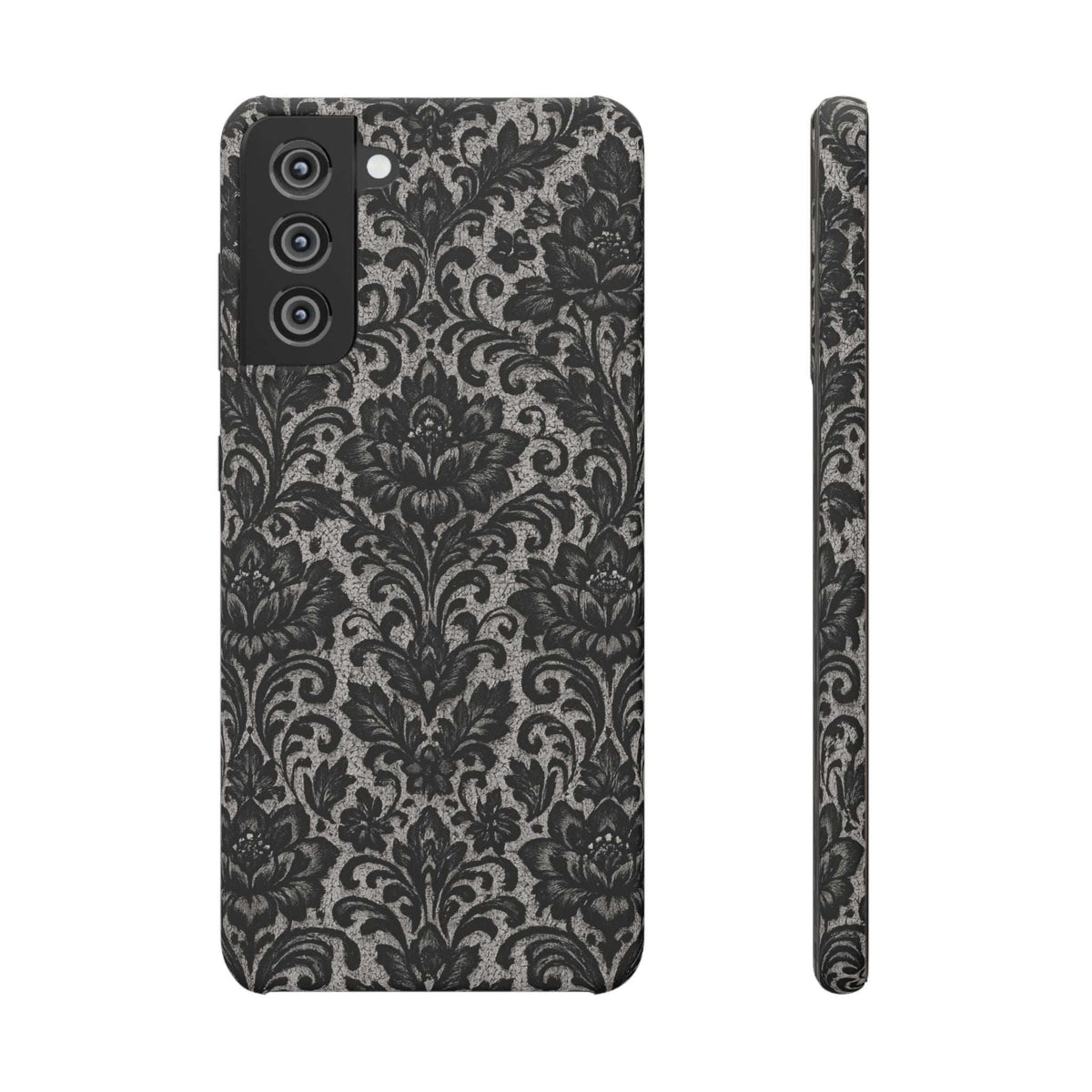 Black damask floral phone case, triple camera cutout; front and narrow side view