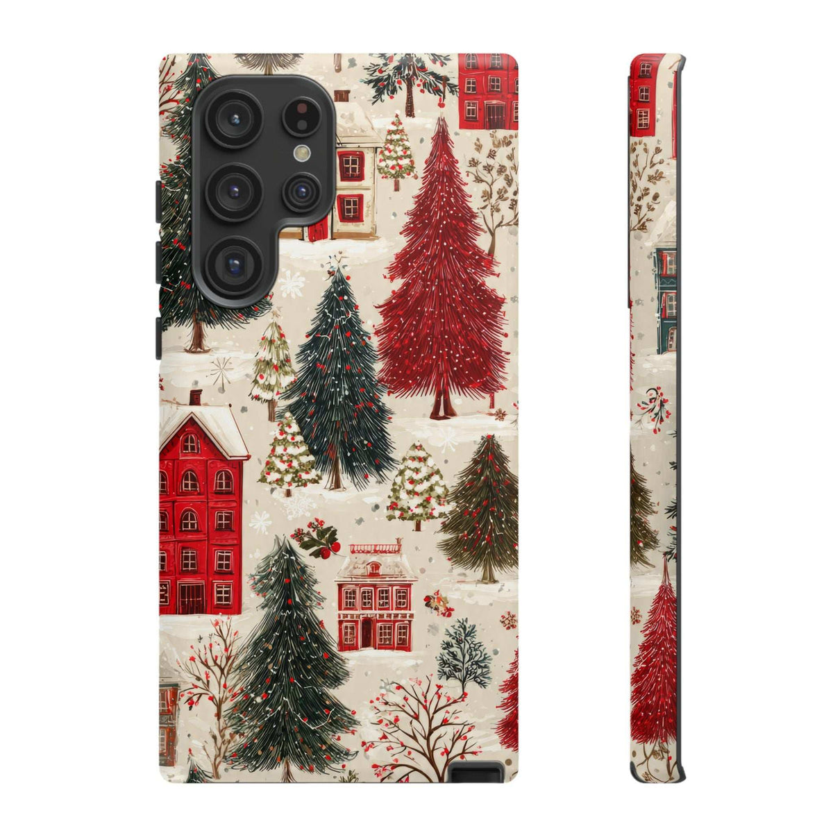 Winter village phone case with red house and pine trees, with multi-lens camera cutouts