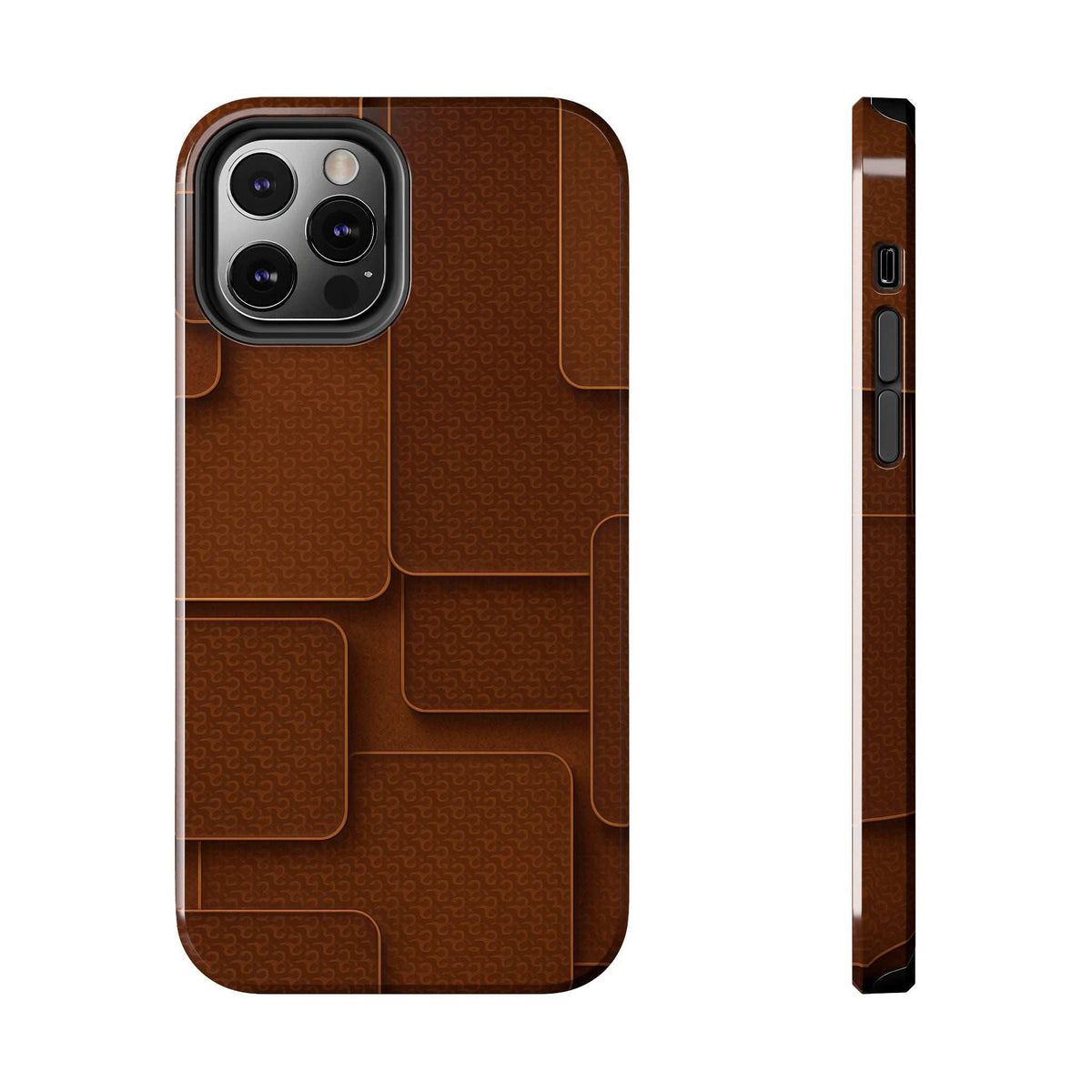Brown textured phone case with camera cutout and side ports shown.