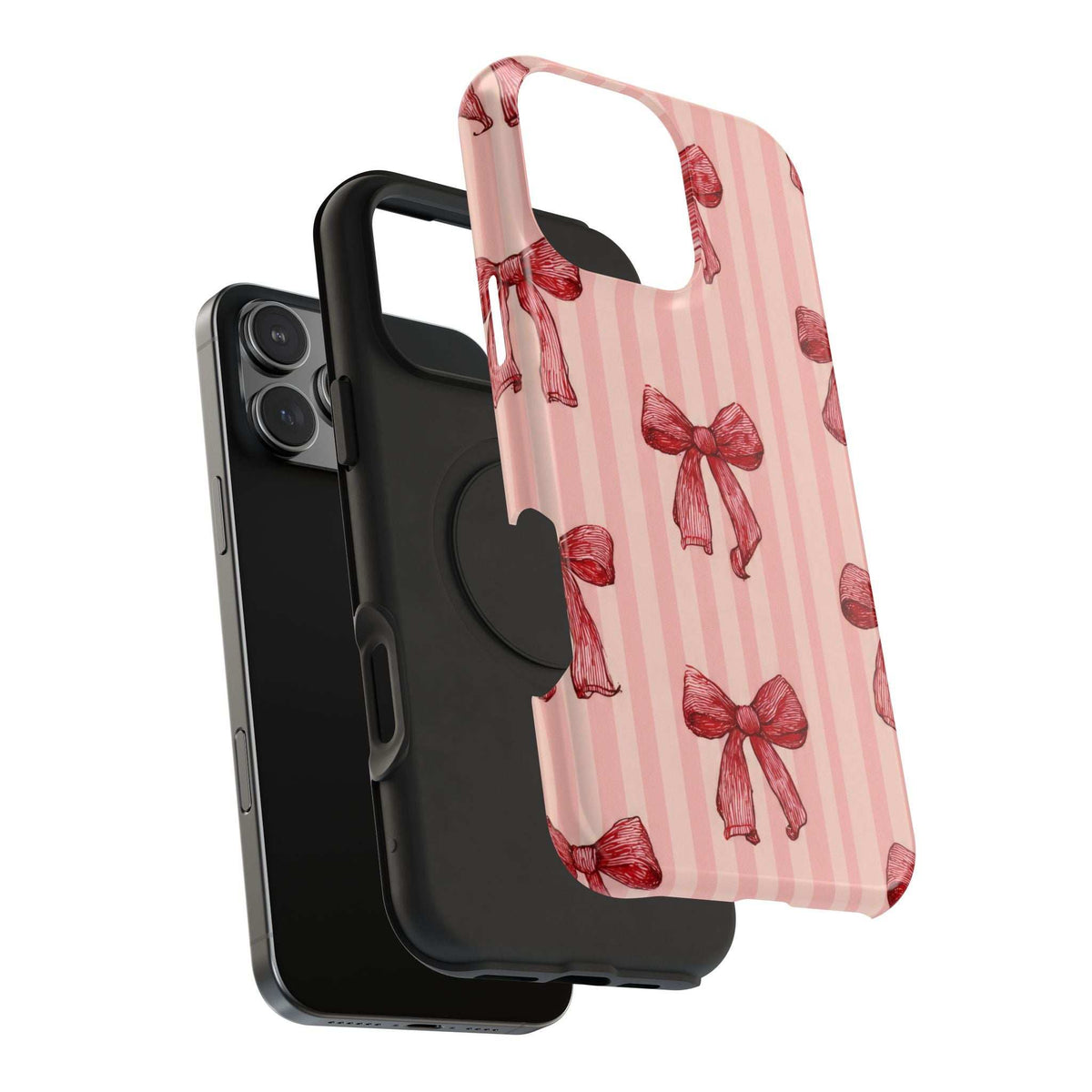 Pink phone case with red bow print over vertical stripes; transparent bumper on edges.