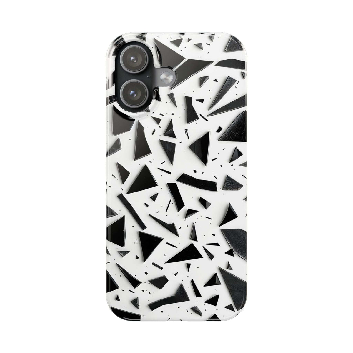 Slim iPhone phone case angled view, white abstract black geometric design, camera module visible.