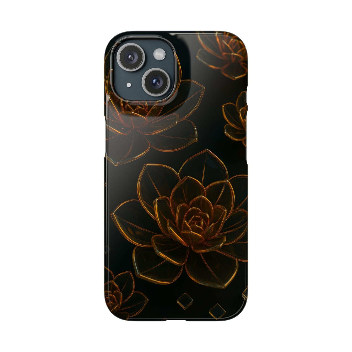 Glossy black glass phone case with gold-brown flower line art and dual camera openings