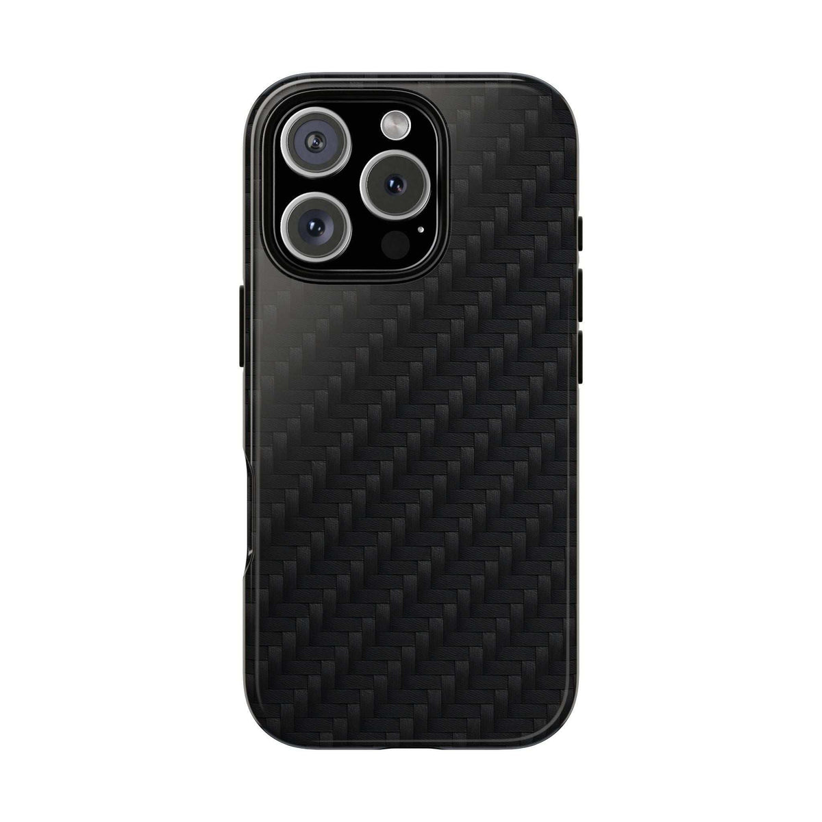 Black carbon-fiber phone case with quad camera cluster cutout and glossy rim
