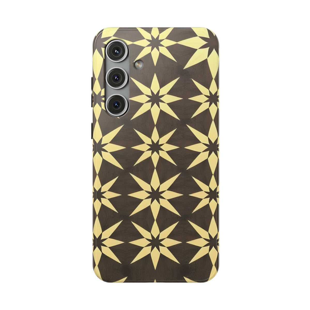Phone case with geometric star pattern in black and gold; triple-camera cutout area.