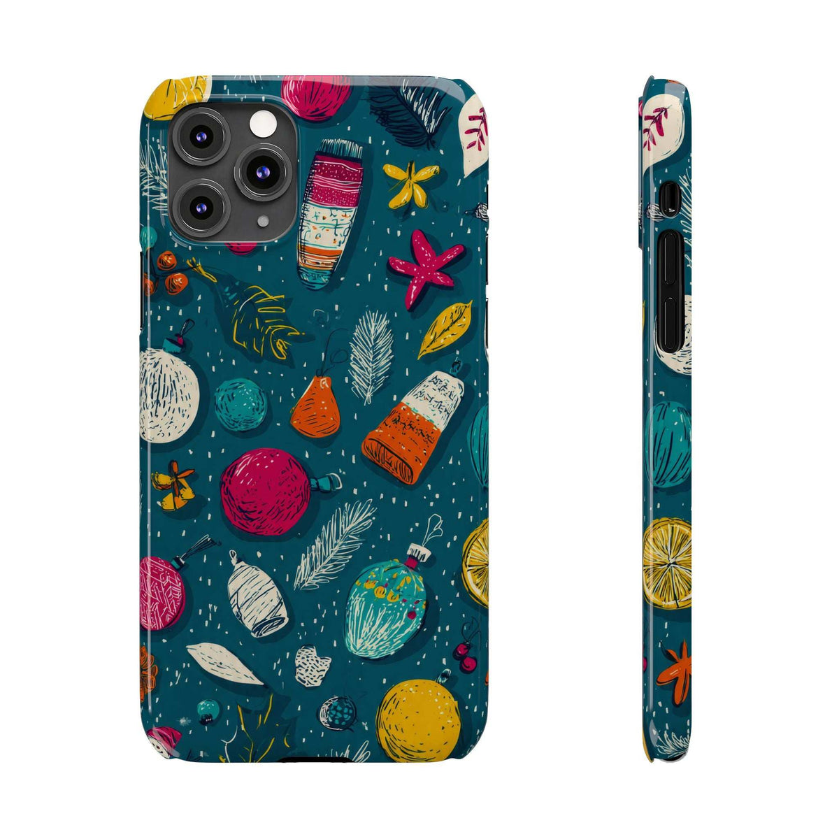 Teal winter-themed phone case back with camera lenses and colorful seasonal pattern