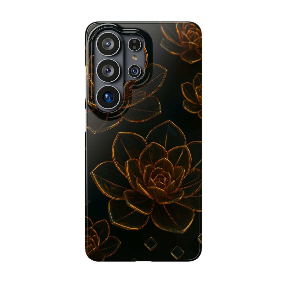Glossy glass phone case with bronze flower illustration on black; multi-camera cutouts.