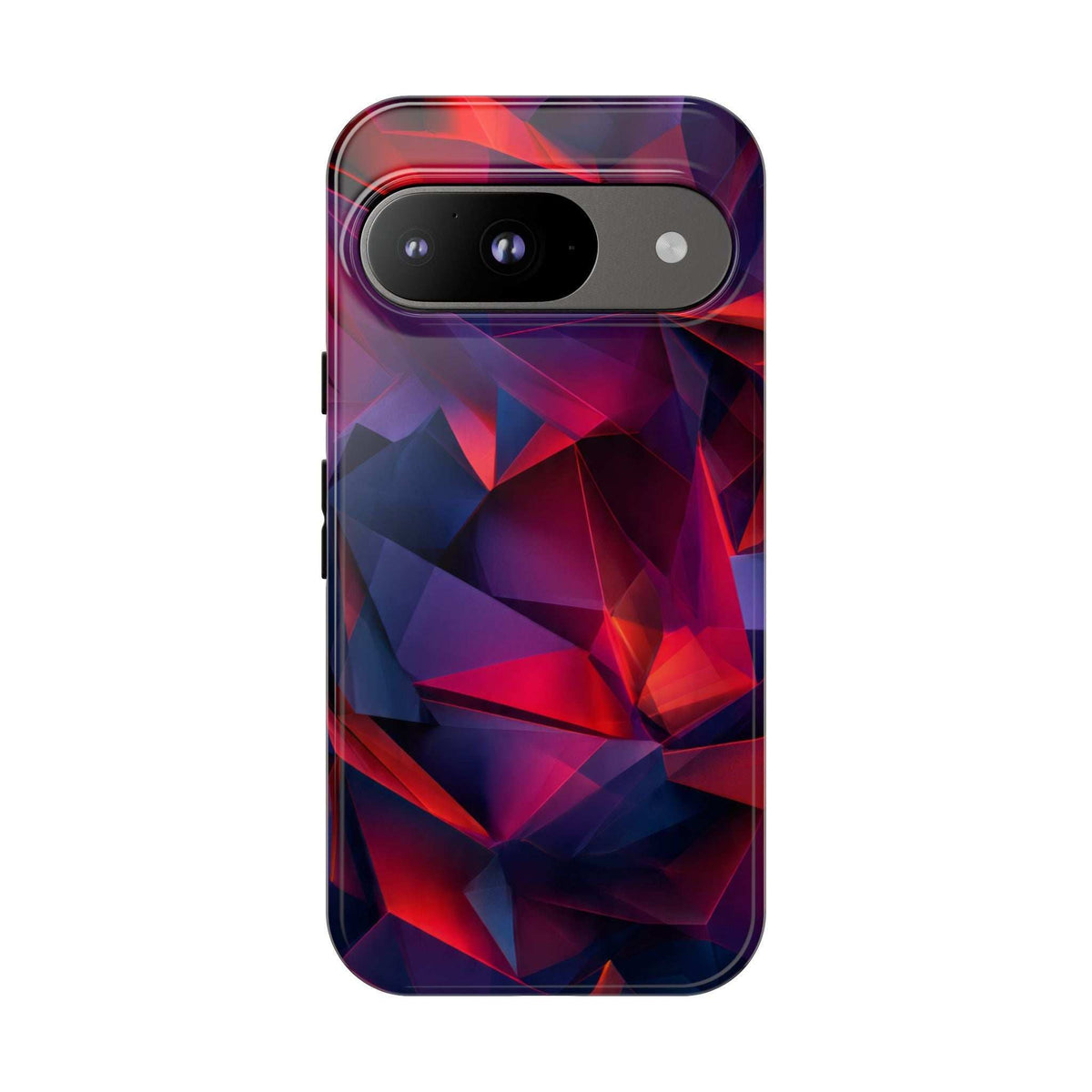 Glossy phone case with prismatic red and blue pattern and dual camera window