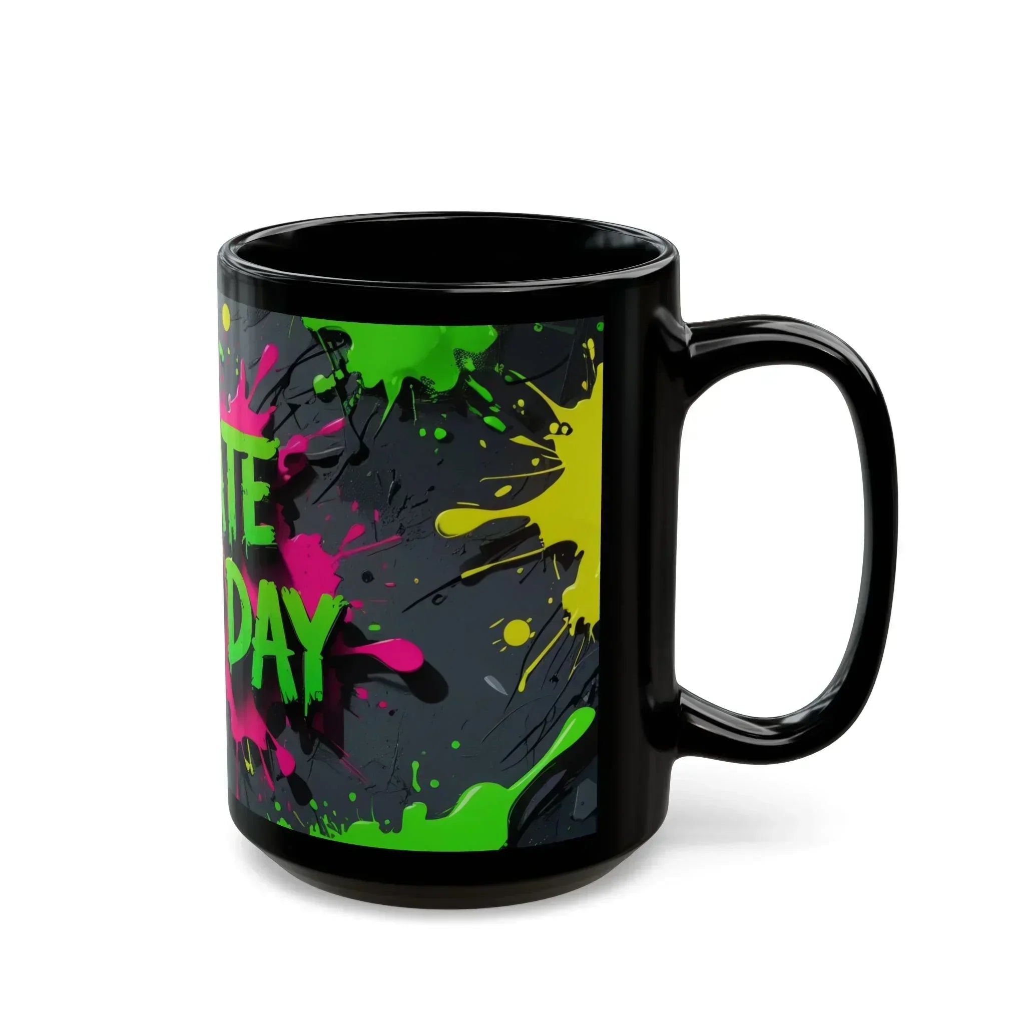 “Create Every Day” Black Mug with Neon Splash Design - KARARMDESIGN