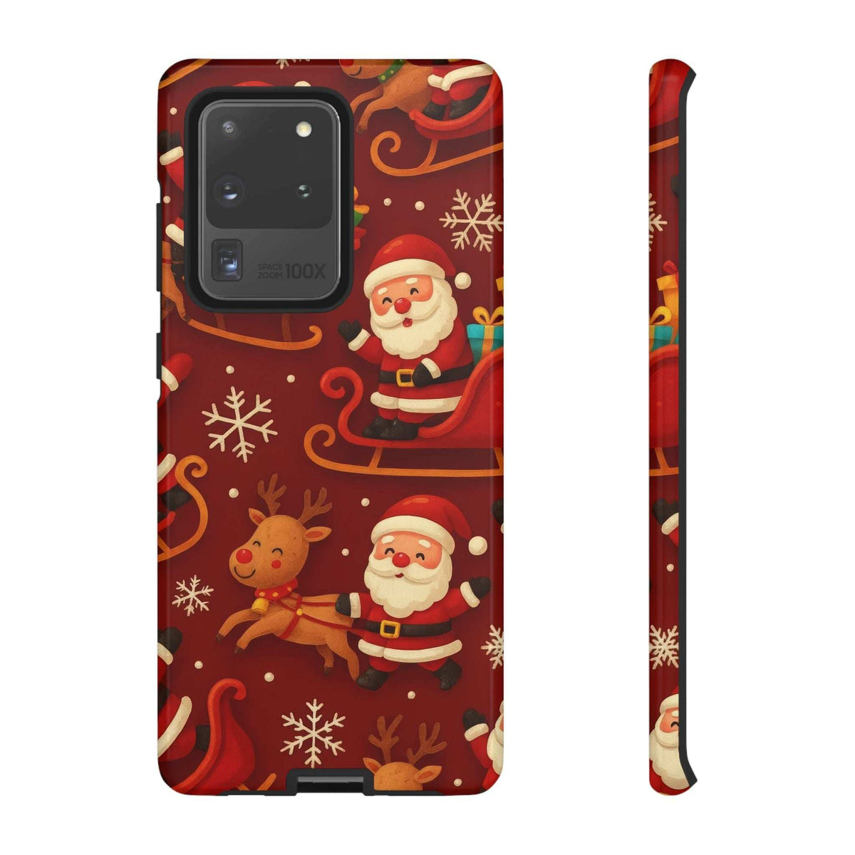 Glossy red phone case with Santa and reindeer sleigh pattern, camera cutout