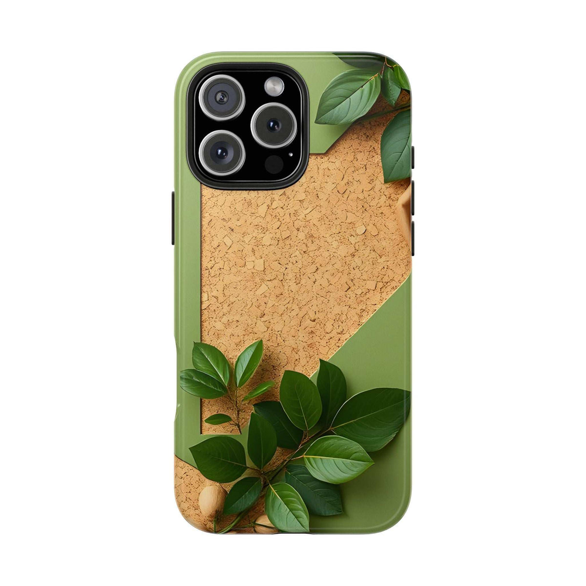 Olive green protective phone case with cork-look panel and green leaf artwork; camera cutouts