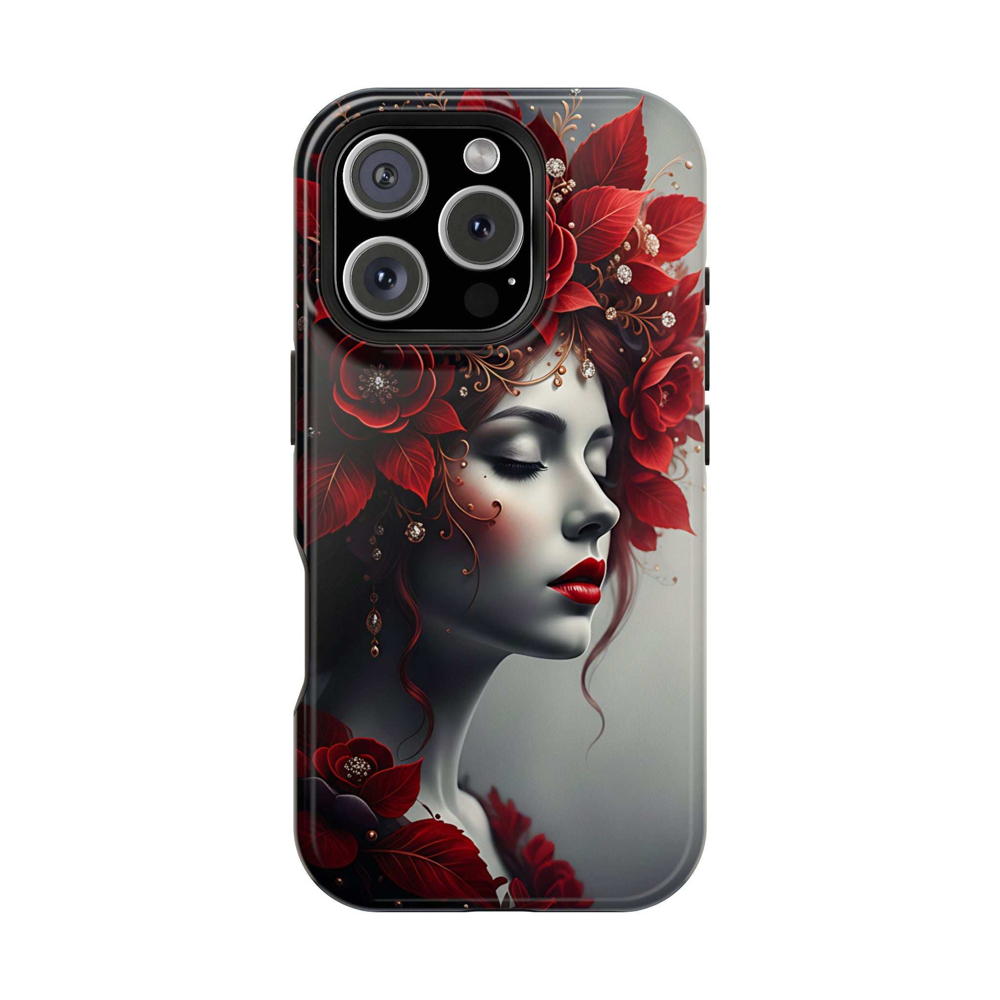 Portrait phone case for iPhone 13-17 with red blooms and woman face design on back