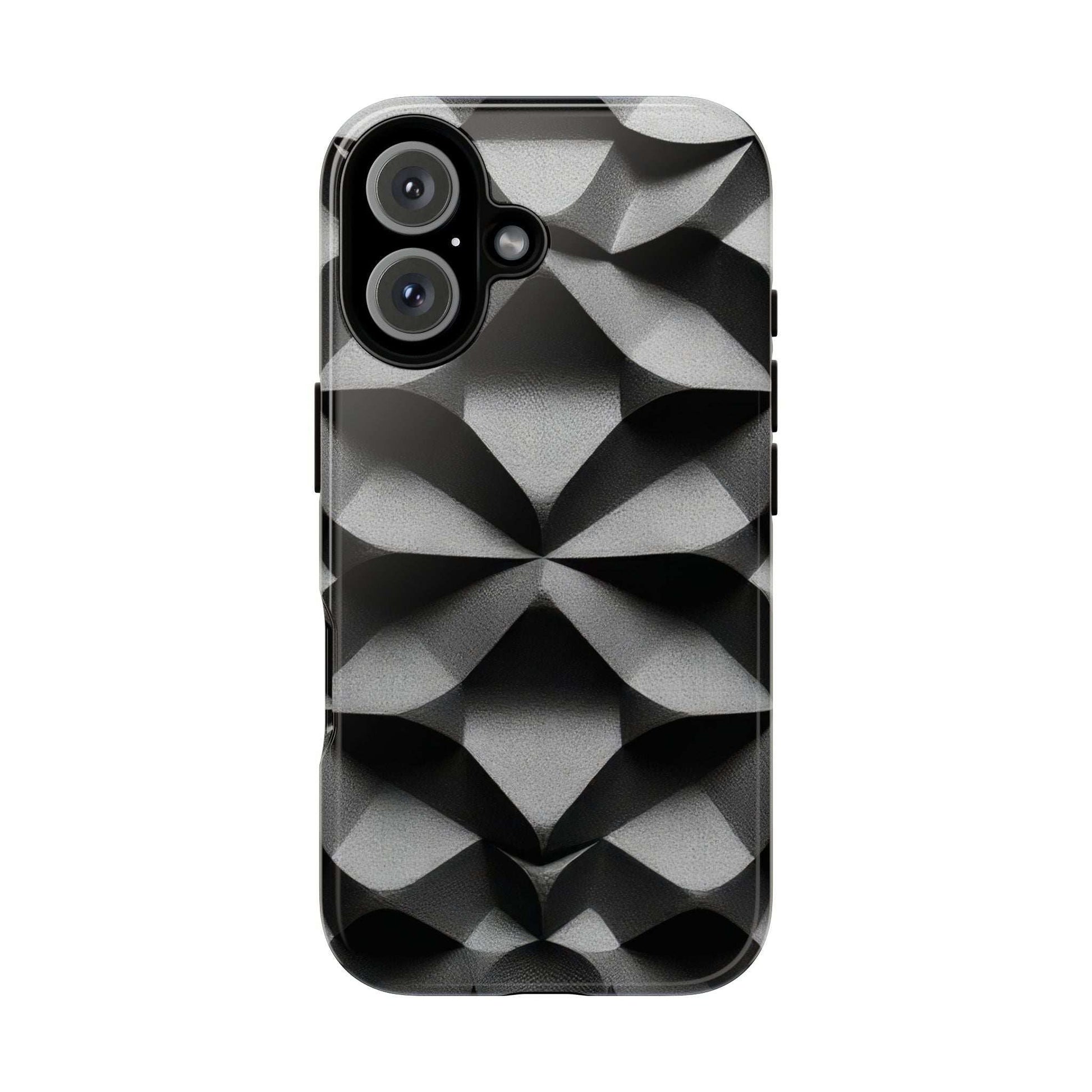 Rugged phone case with black-and-gray geometric pattern; raised camera bezel with cutouts