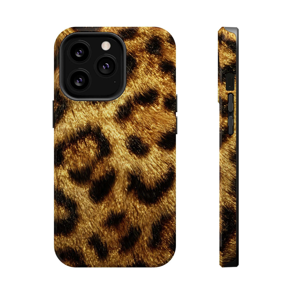Leopard print phone case, glossy yellow and black pattern; side view shows port openings