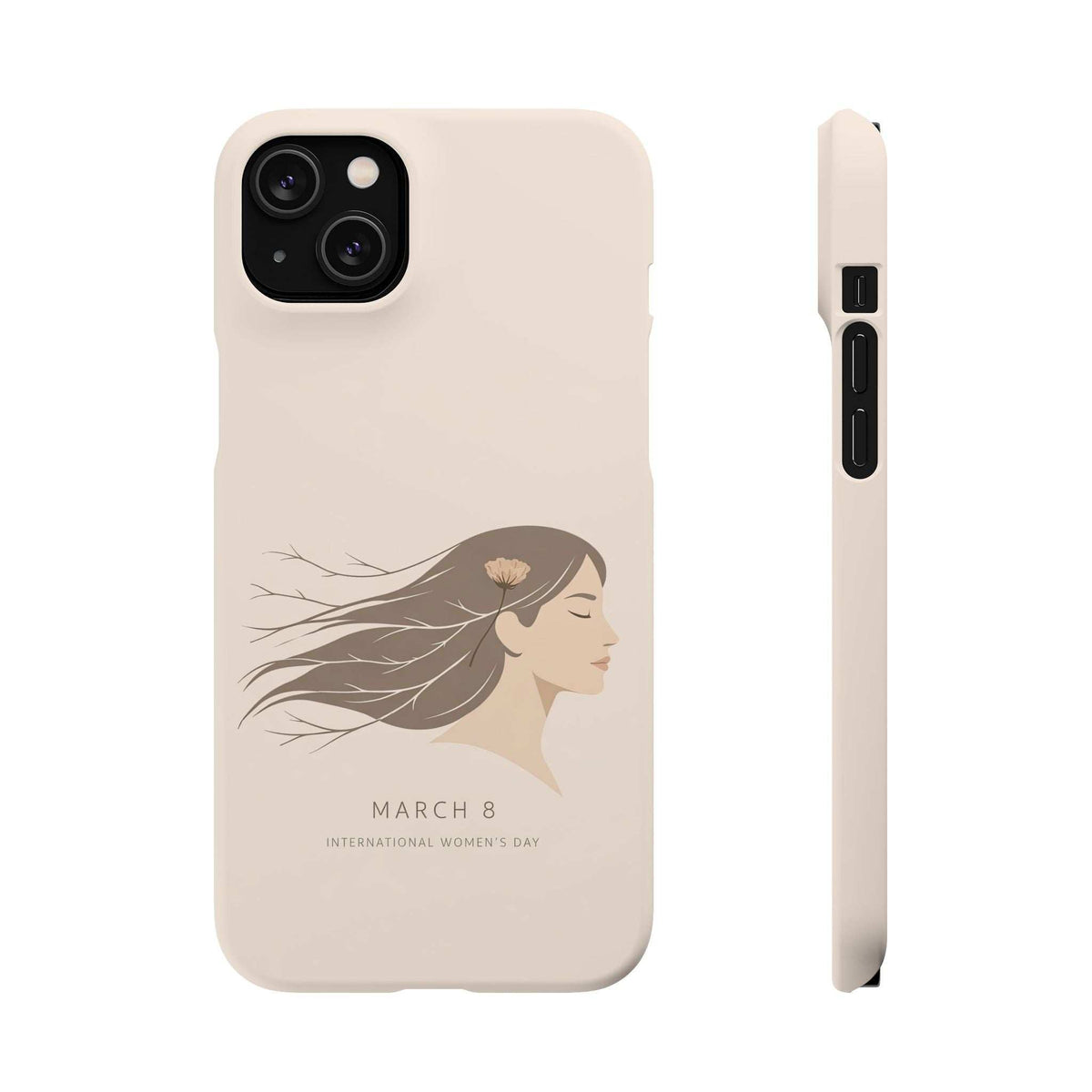 Light pink phone case front with “March 8” profile illustration and flower