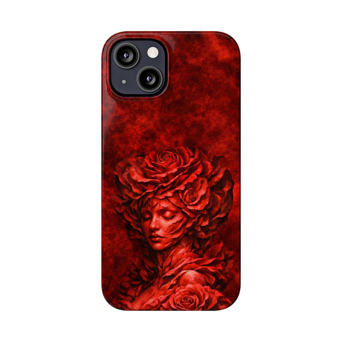 Slim phone case with red rose and angel-face artwork, camera module opening