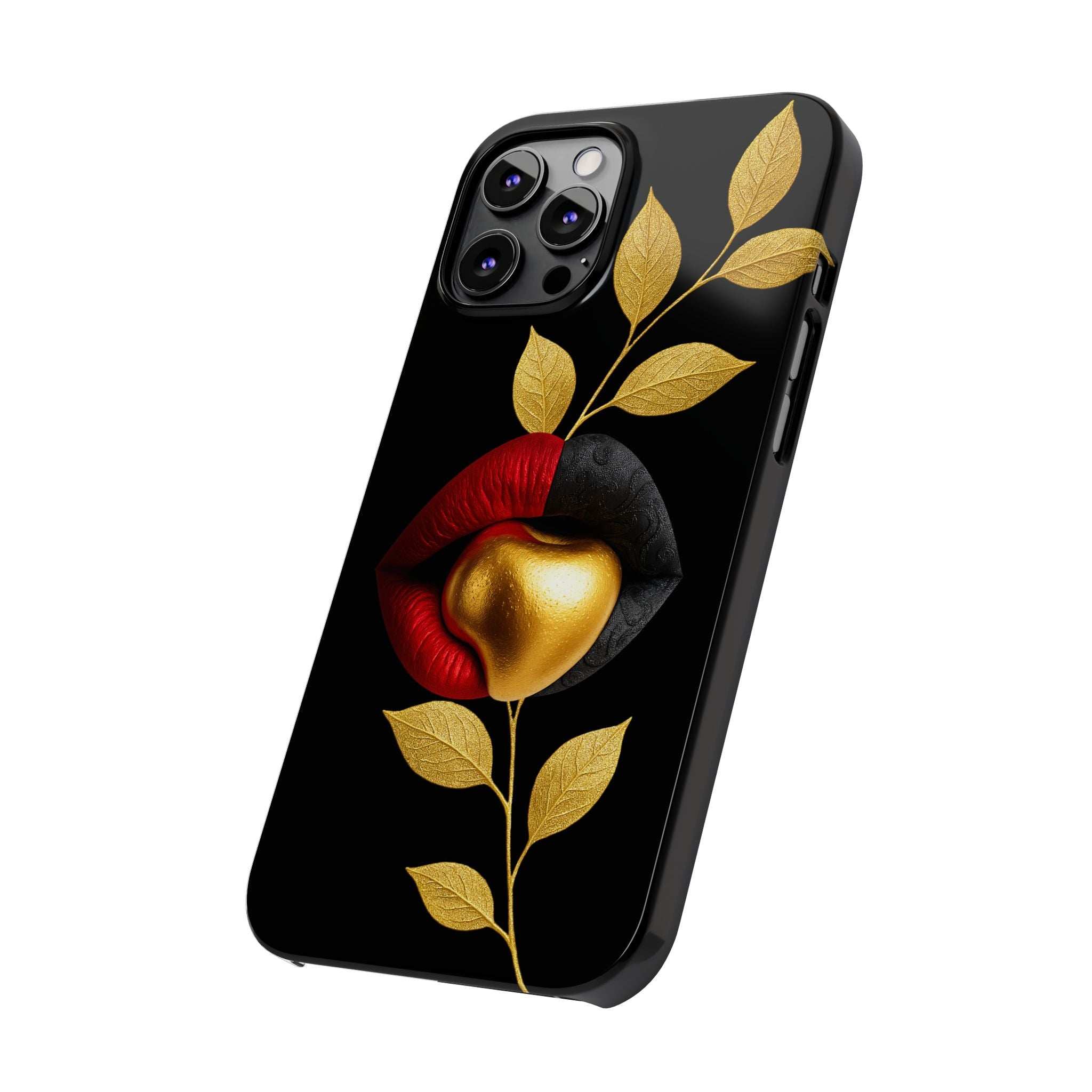 Black phone case with gold leaf vines and red rose with gold heart, iPhone camera cutouts