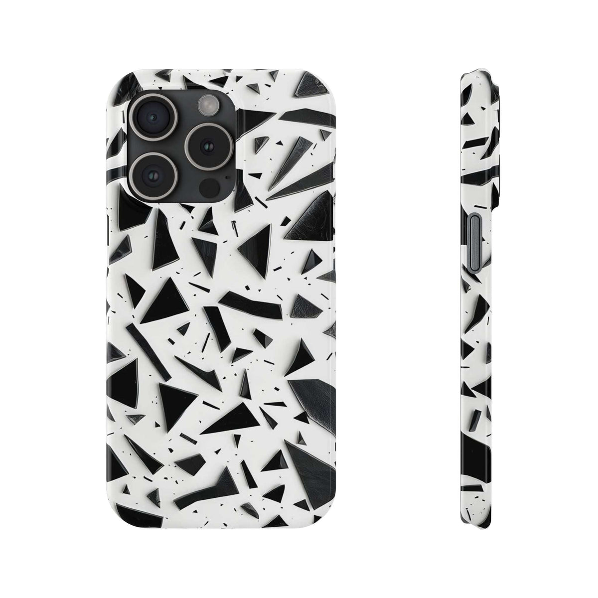 iPhone slim phone case with white and black abstract pattern, rear and edge