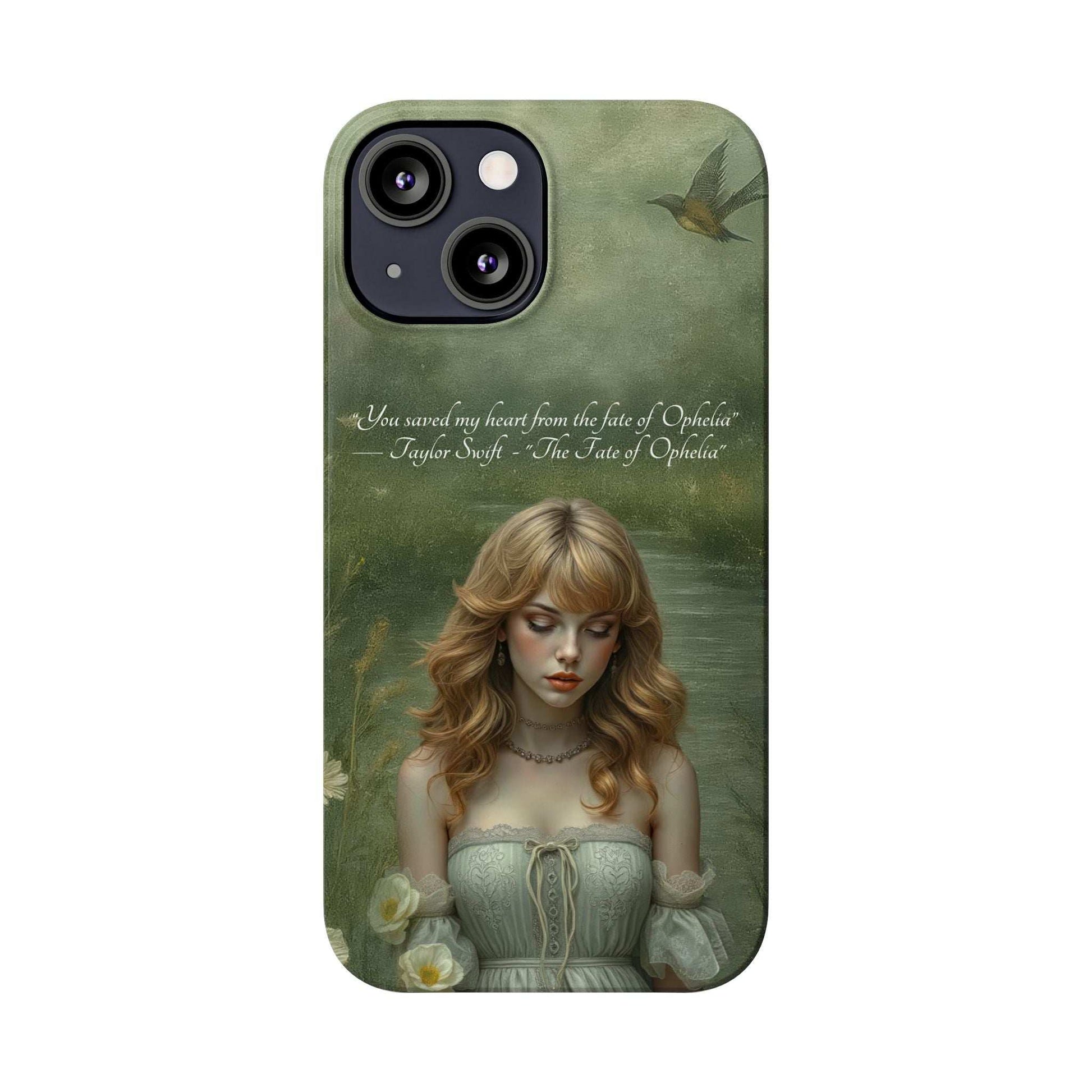 Green phone case with painted girl portrait, bird, and flower accents; lens cutouts