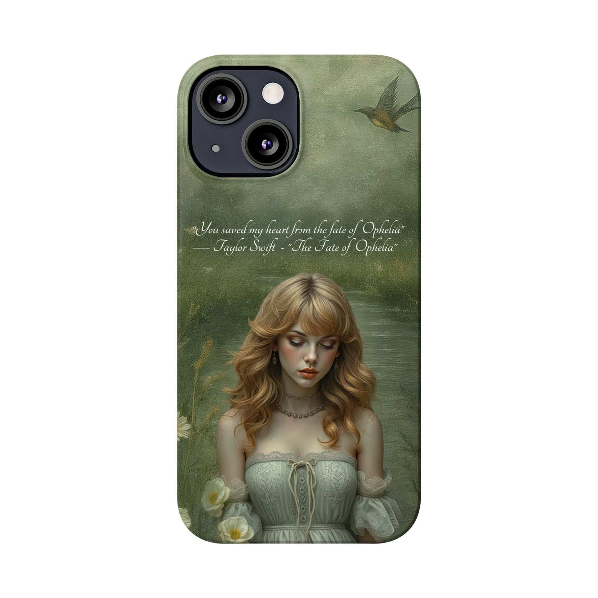 Green phone case with painted girl portrait, bird, and flower accents; lens cutouts