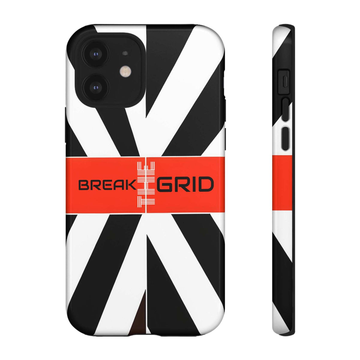 Phone case with black-and-white geometric stripes, red "Break Grid" band, front and side view.