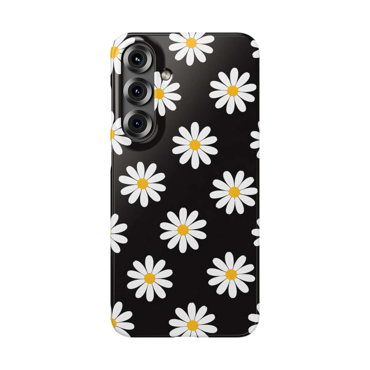 Black phone case with a scattered daisy pattern; raised cutouts for 3 camera lenses