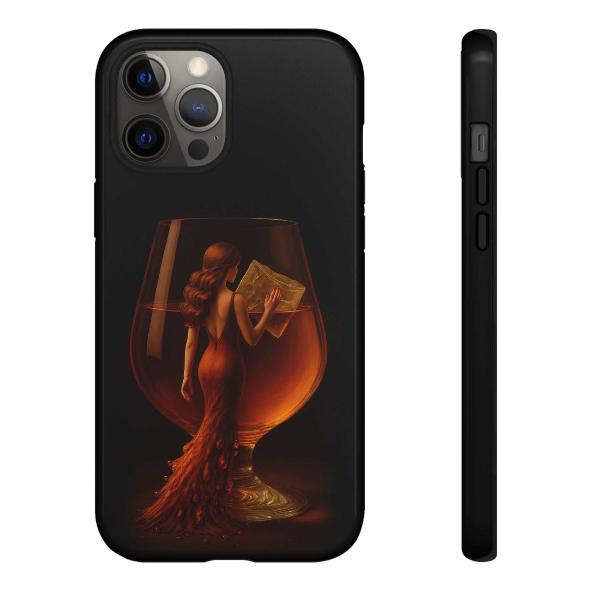 Glossy black phone case with figure and goblet design; side edge and button slots