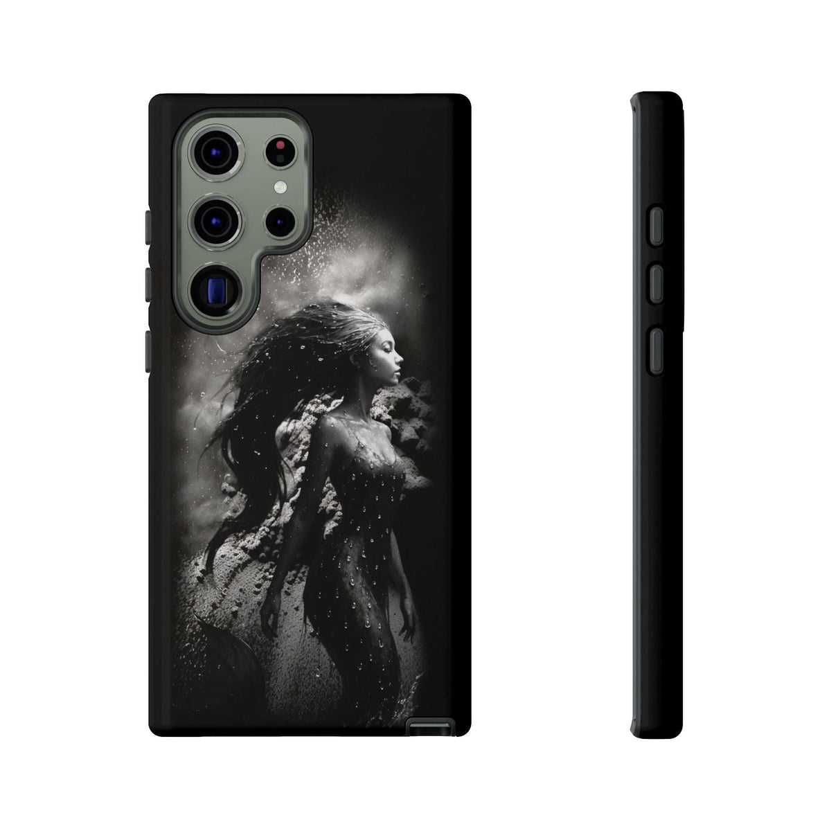 Black phone case with monochrome mermaid silhouette, gray camera panel and raised lens cutouts