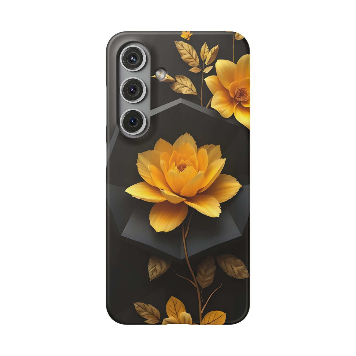 Black phone case with yellow floral bloom, gold foliage, and multiple camera cutouts.