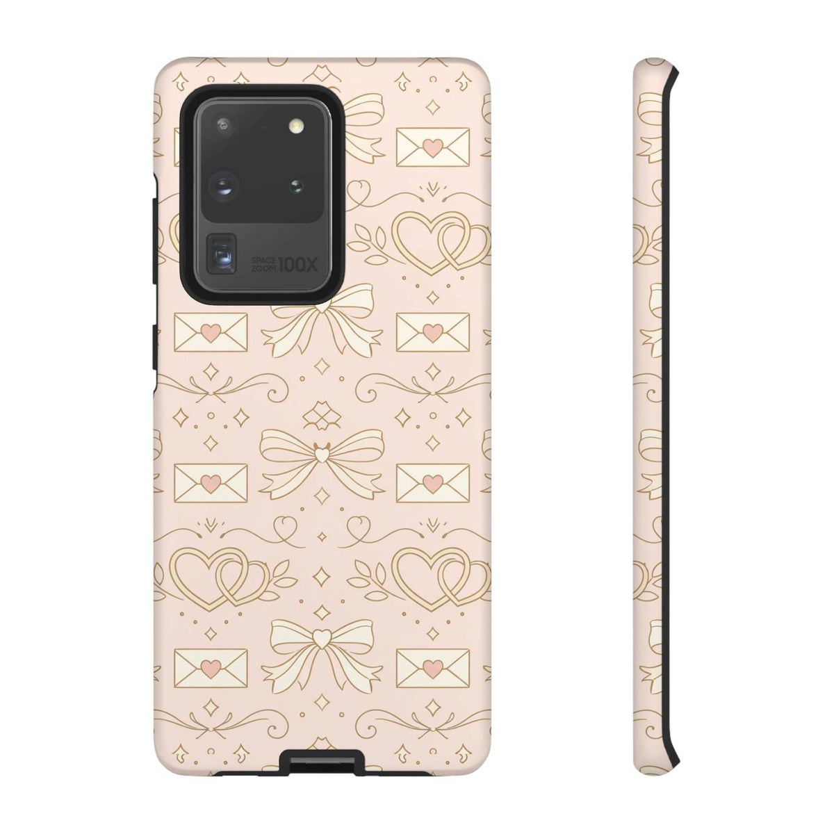 Pink hard phone case with gold heart and bow line art; front camera cutout and grip edge