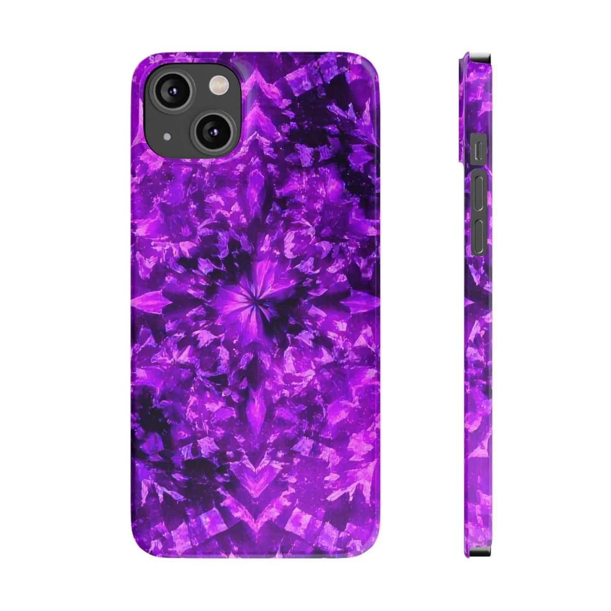 Purple kaleidoscope phone case, vivid symmetrical starburst; side view with openings
