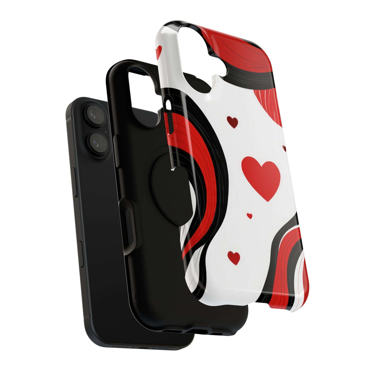 Phone case front and back together with red heart pattern on white and black wave details
