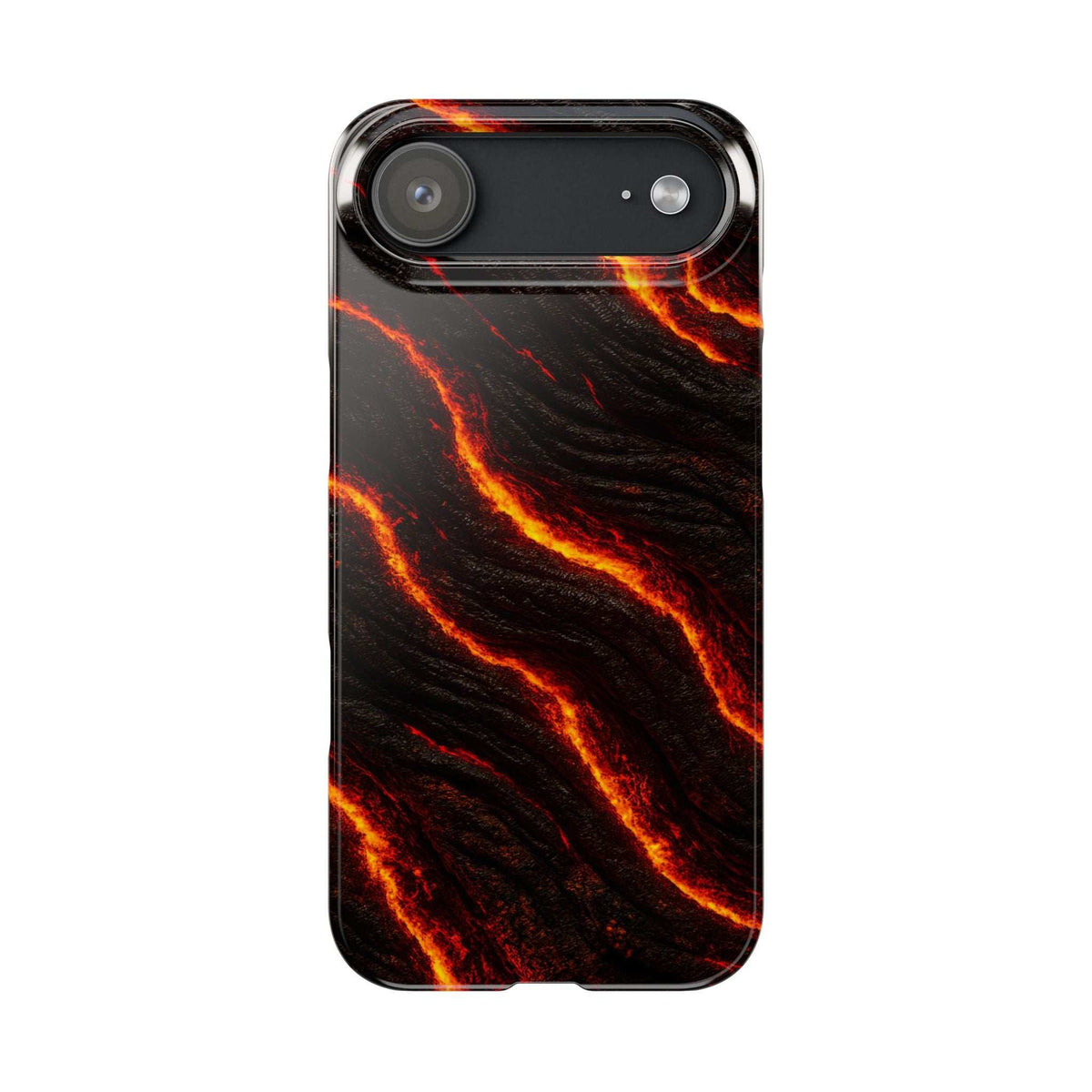 Black phone case with orange lava-like streaks and camera cutouts