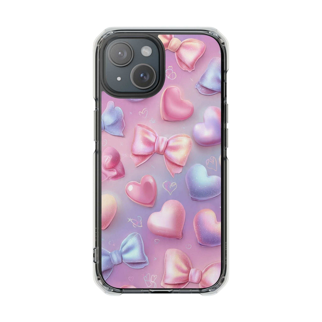 Clear phone case with pastel hearts and bows; raised camera cutout at top left